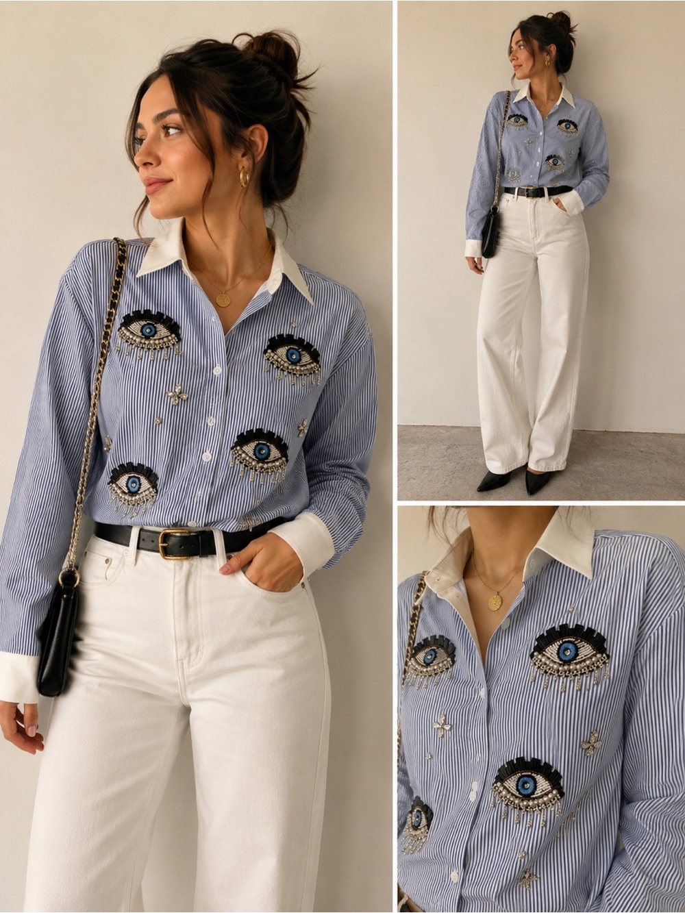 Blue & White Striped Evil Eye Embellished Oversized Button Down Shirt ✨
